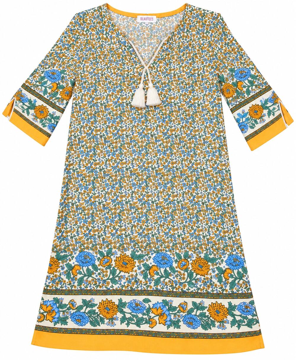 Halife Boho Cottagecore Floral Border Shift Dress Tassel Tie 3/4 Sleeve M EUC